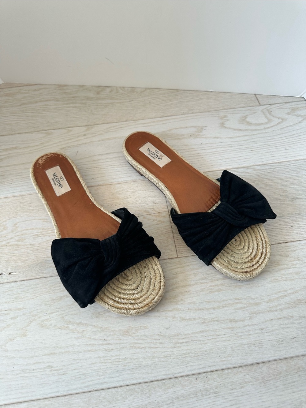 VALENTINO Women’s Suede Black Bow Sandals with Raffia Sole: Size IT 40/US 10.